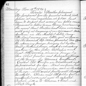 The 12 November 1894 entry in George F. Richards's journal gives an account of the funeral of Amy May Richards, the four-year-old daughter of George F. and Alice A. Robinson Richards. (Church History Library, Salt Lake City.)