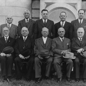 Seated, left to right: George Albert Smith, George F. Richards, Joseph Fielding Smith, Stephen L Richards, John A. Widtsoe, Joseph F. Merrill. Standing: Charles A. Callis, Albert E. Bowen, Harold B. Lee, Spencer W. Kimball, Ezra Taft Benson, Mark E. Petersen. (Church History Library, Salt Lake City.)