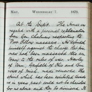 "The spirit which has been exhibited towards us in years past … can be seen now exhibited by one section towards another. The feeling is as bitter between the two political parties as it ever was towards us." A transcript of the complete journal entry is available <a href="/george-q-cannon/1870s/1879/05-1879#p12">here</a>.