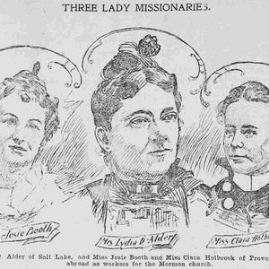 A sketch of missionaries Josephine Booth (left), Lydia Dunford Alder, and Clara Holbrook, published in the <em>Salt Lake Tribune</em> on 24 May 1899.