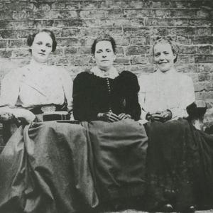 Missionaries Josephine Booth (left) and Clara Holbrook (right) pose with a local Latter-day Saint, Sister Crudgington, in the Forest Hill neighborhood of London, circa July 1899. Photograph taken by Brother Pendry of Forest Hill. (PH 6142, Church History Library, Salt Lake City.)