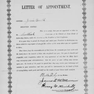 A form letter signed by European Mission presidency Platte D. Lyman, James L. McMurrin, and Henry W. Naisbitt and dated 1 July 1899 assigns Josephine Booth to labor in the British Mission’s Scottish Conference. By this time, the church had produced forms specifically for sister missionaries. (MS 16963, Church History Library, Salt Lake City.)