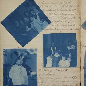 A page at the front of the second volume of Eliza Chipman’s mission journal contains a photograph of Joseph R. Squires giving a haircut to John R. Hindley (bottom left) and two group photos of Chipman with members of the Seaich family, some of whom were members of the Stratford Branch. Circa March 1899. (MS 29199, Church History Library, Salt Lake City.)