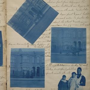 A page at the front of the second volume of Eliza Chipman’s mission journal contains three photographs taken outside the sister missionaries’ apartment at 12 Dunbar Road, London, and a cutout photo of members of the Seaich family. Captions explain that two of the photos show the milkman and vegetable vendor, respectively. Circa 1899. (MS 29199, Church History Library, Salt Lake City.)
