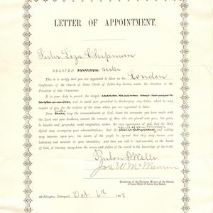 A form letter signed by European Mission presidency Rulon S. Wells and Joseph W. McMurrin and dated 6 October 1898 assigns Eliza Chipman to labor in the British Mission’s London Conference. Because so few women had been called to serve proselytizing missions, the presidency repurposed a form written for men, replacing the word “Brother” with “Sister” and lining out references to the exercise of priesthood authority. (MS 29199, Church History Library, Salt Lake City.)