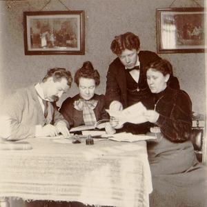 John R. Hindley (left), Eliza Chipman, Joseph R. Squires, and Inez Knight. Circa 1898. (MS 29199, Church History Library, Salt Lake City.)