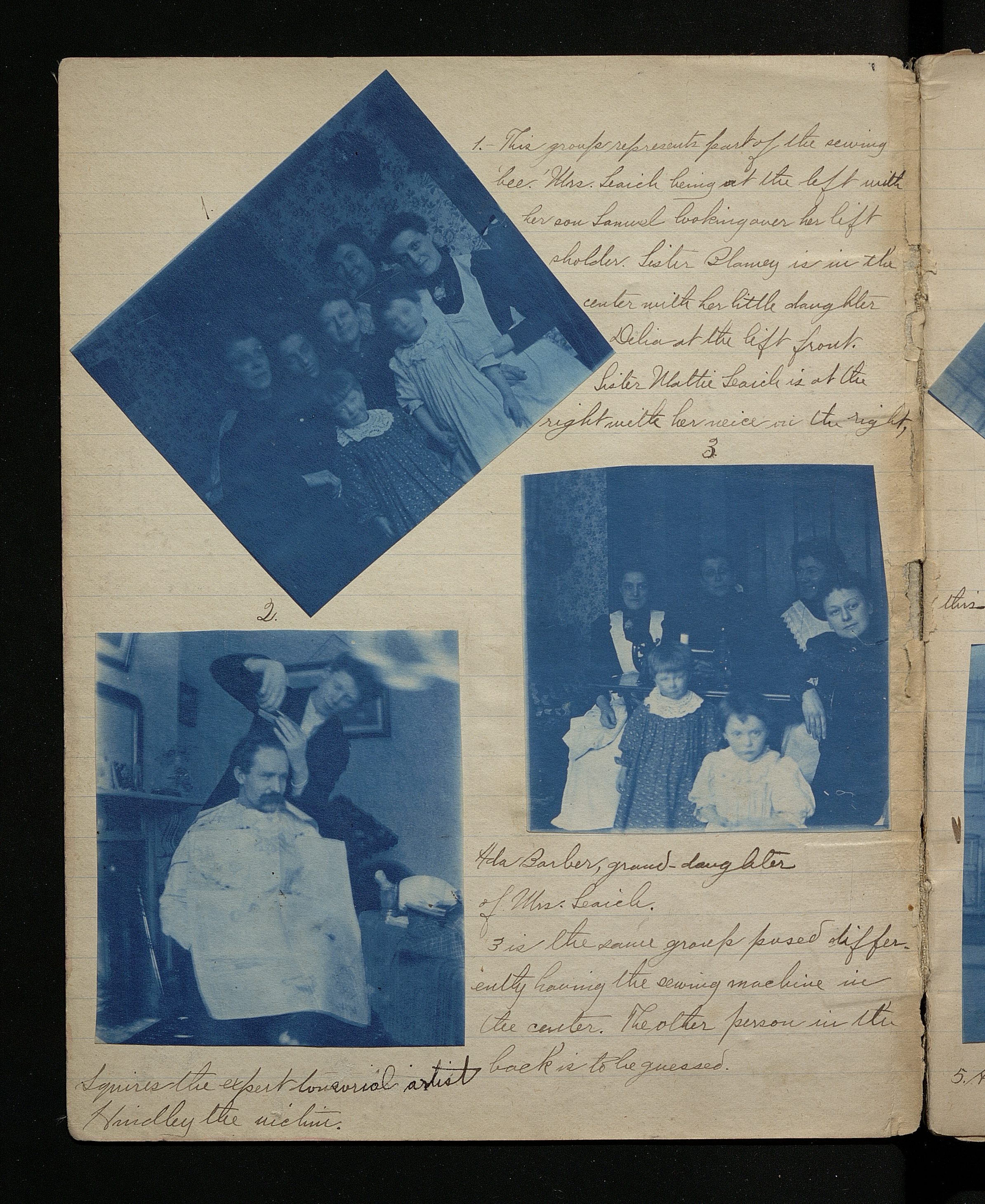 A page at the front of the second volume of Eliza Chipman’s mission journal contains a photograph of Joseph R. Squires giving a haircut to John R. Hindley (bottom left) and two group photos of Chipman with members of the Seaich family, some of whom were members of the Stratford Branch. Circa March 1899. (MS 29199, Church History Library, Salt Lake City.)