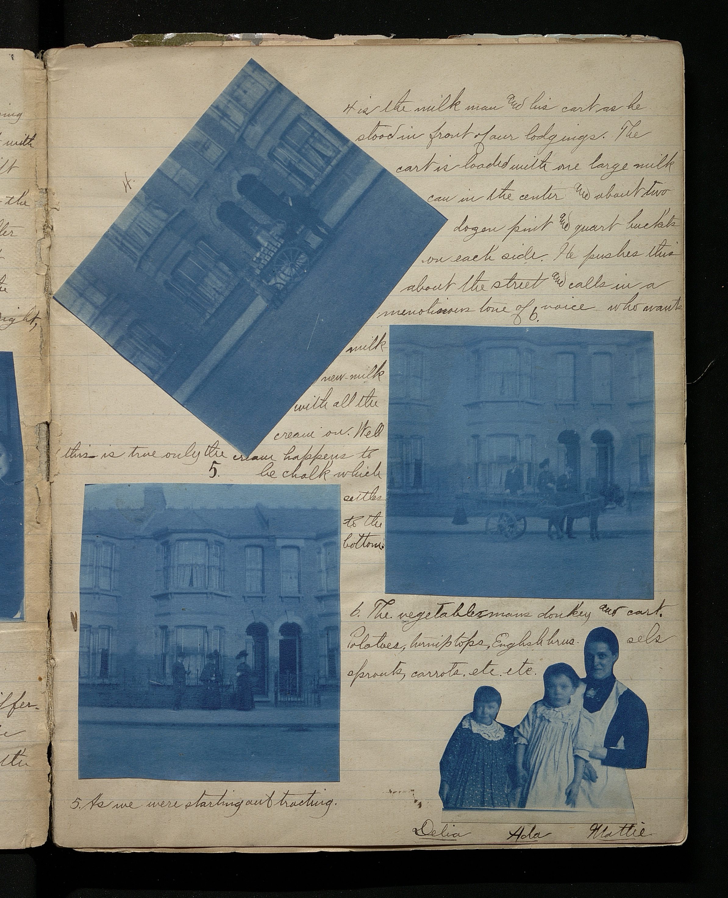 A page at the front of the second volume of Eliza Chipman’s mission journal contains three photographs taken outside the sister missionaries’ apartment at 12 Dunbar Road, London, and a cutout photo of members of the Seaich family. Captions explain that two of the photos show the milkman and vegetable vendor, respectively. Circa 1899. (MS 29199, Church History Library, Salt Lake City.)