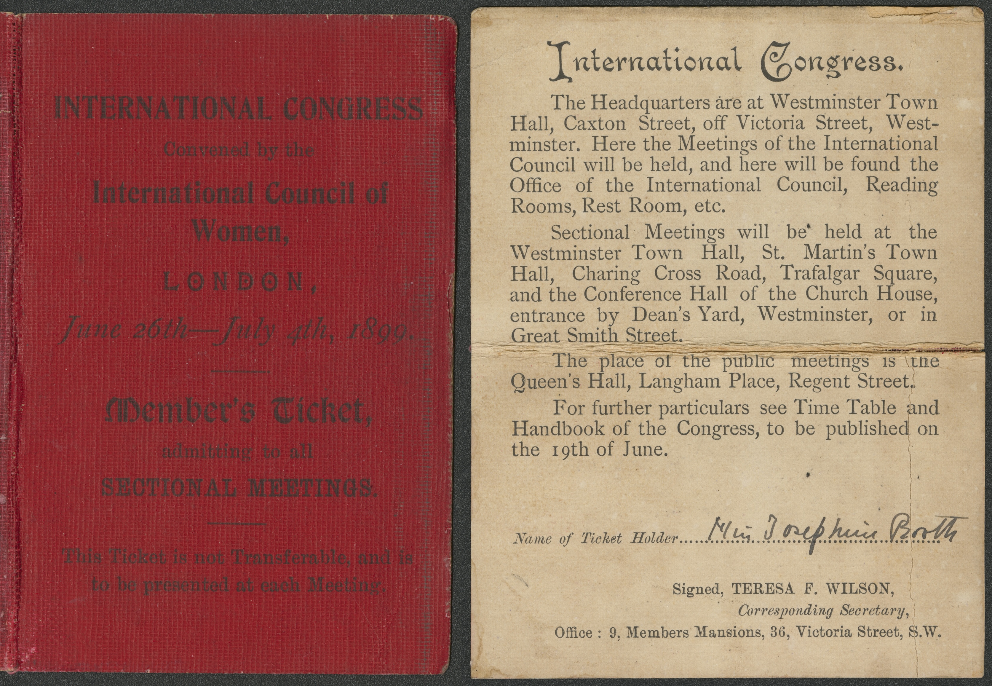 Josephine Booth’s ticket to the international congress of the International Council of Women in London, 26 June–4 July 1899. (MS 16963, Church History Library, Salt Lake City.)