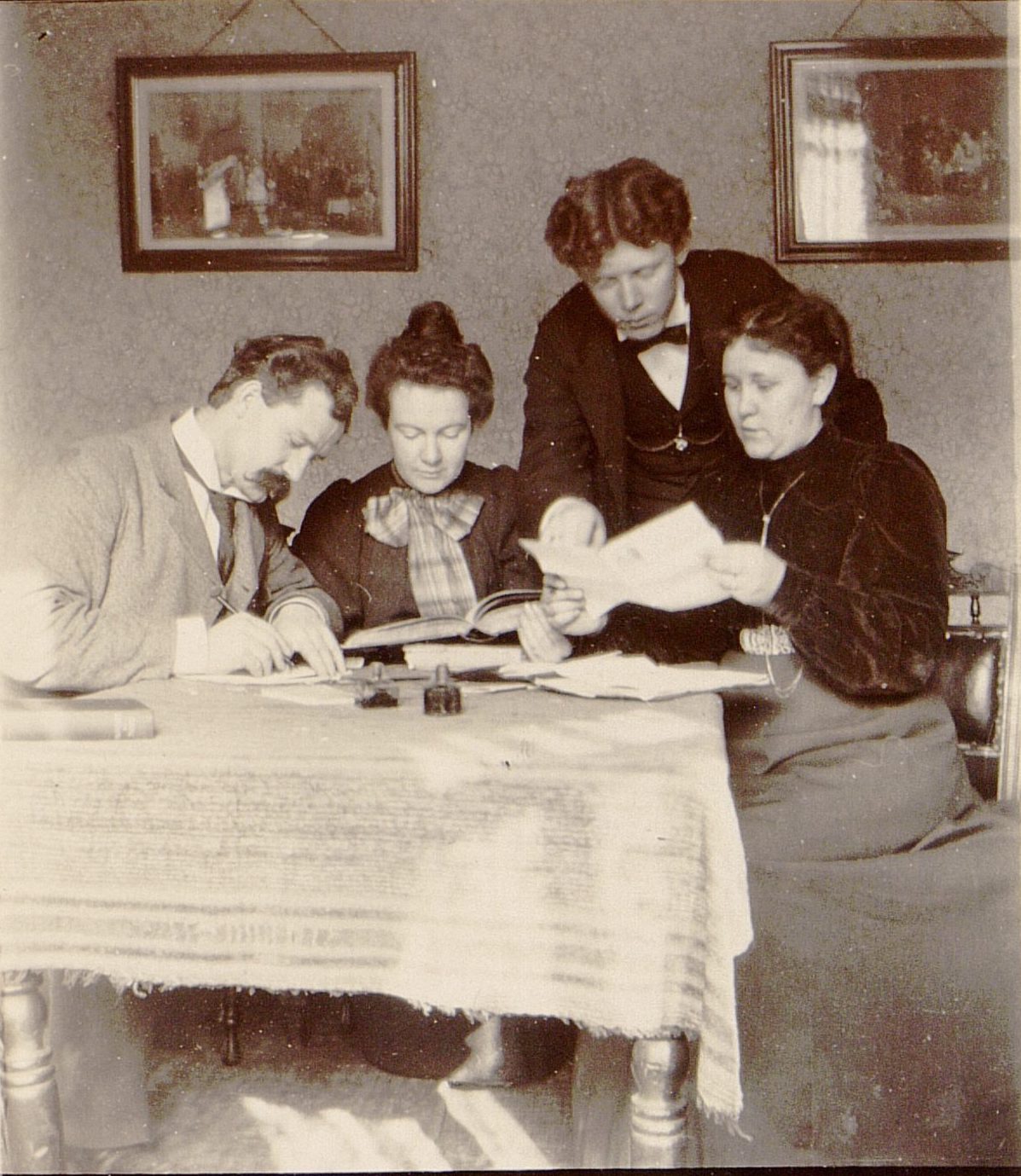 John R. Hindley (left), Eliza Chipman, Joseph R. Squires, and Inez Knight. Circa 1898. (MS 29199, Church History Library, Salt Lake City.)