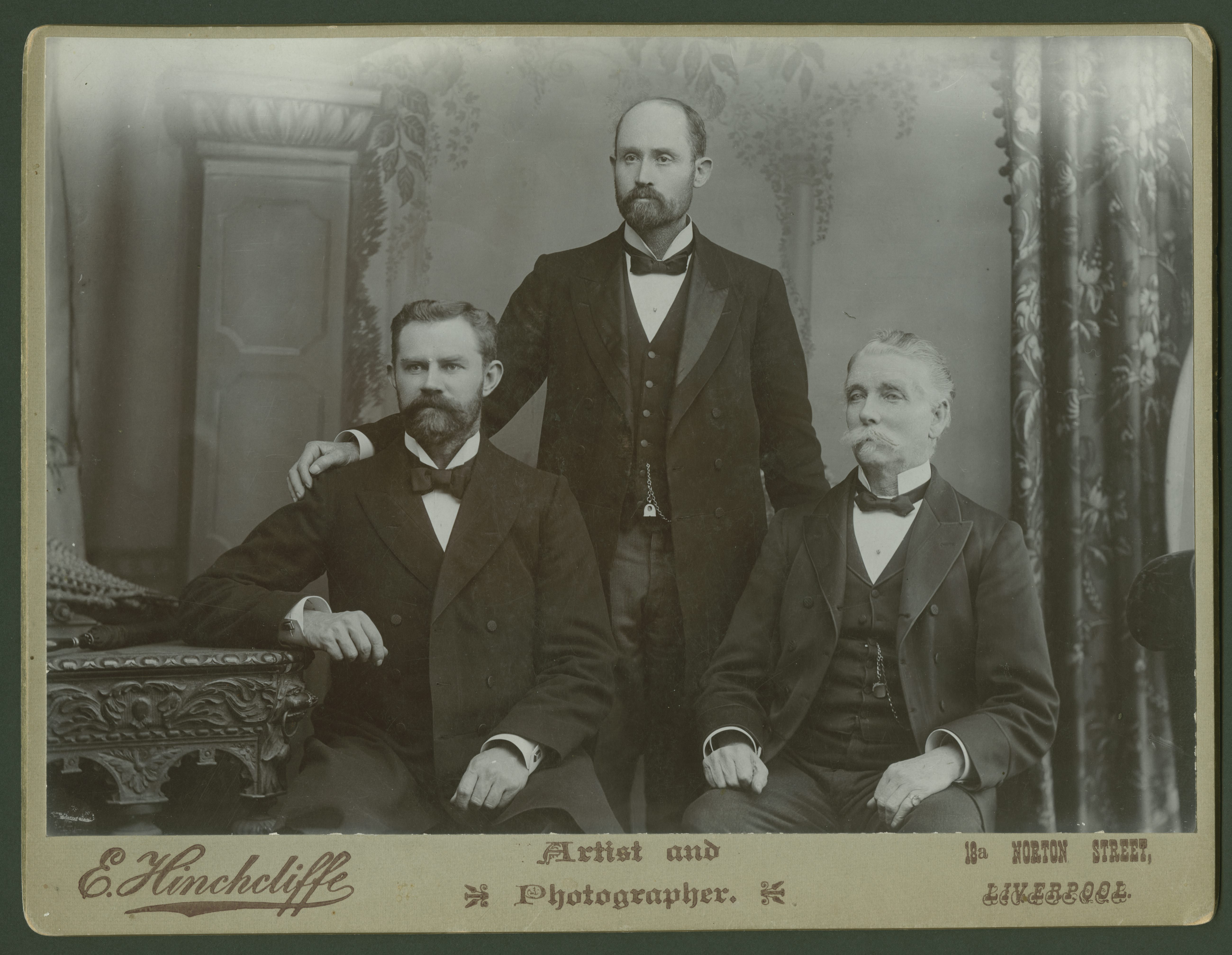 President Platte D. Lyman of the British Mission is flanked by his counselors, James L. McMurrin (left) and Henry W. Naisbitt, circa 1900. Photo taken by the studio of E. Hinchcliffe, Liverpool. (PH 5643, Church History Library, Salt Lake City.)