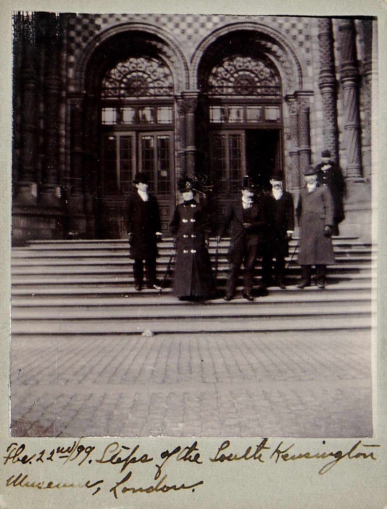 Latter-day Saint missionaries David W. Horsley (left), Eliza Chipman, John R. Hindley, Frank L. Layton, and Raymond Knight stand on the steps of the Natural History Museum in South Kensington, London, in this photo dated 22 February 1899. (MS 29199, Church History Library, Salt Lake City.)