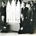 Missionaries surround the replica of the Salt Lake Temple, Between 1935 November – 1936 June